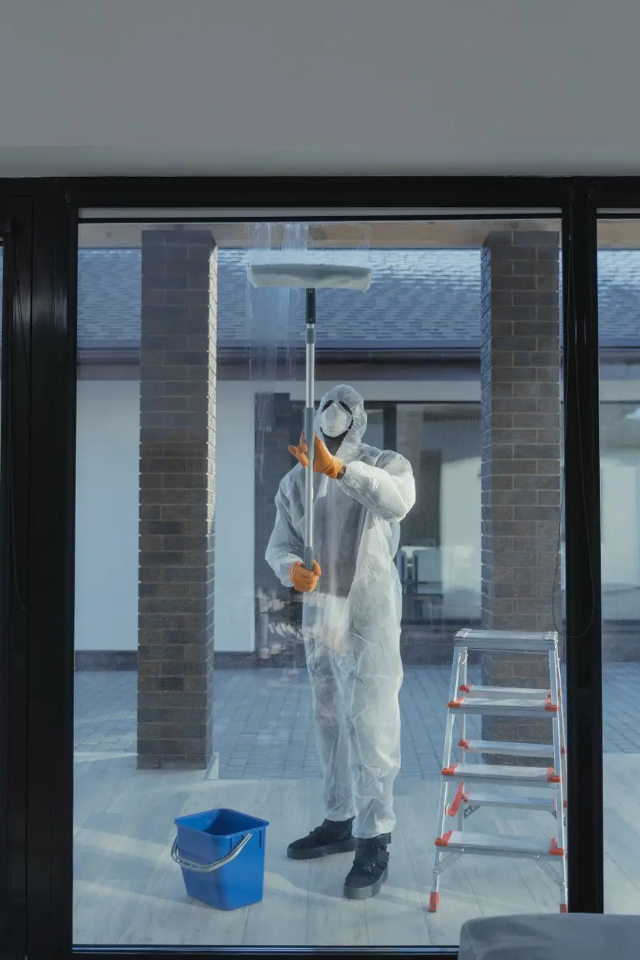 A technician in a white suit working beside a bright window.