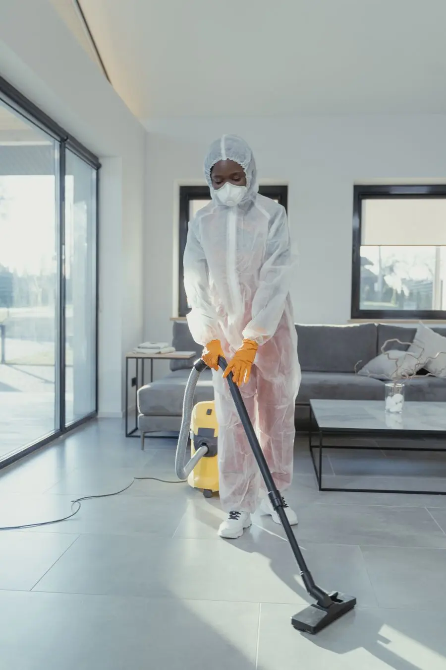 A technician in a white suit vacuuming a bright living area.